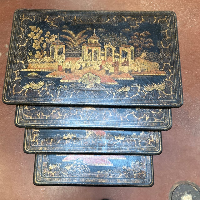 Wood Late 20th Century Ebonized Chinoiserie Set of 4 Nesting Tables For Sale - Image 7 of 7