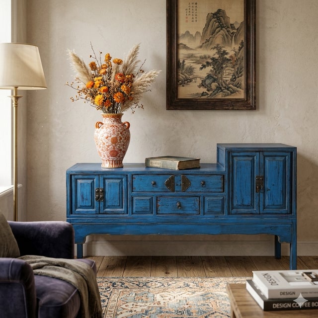 Vintage Chinese Distressed Bright Blue Drawers Foyer Narrow Side Table For Sale - Image 12 of 12