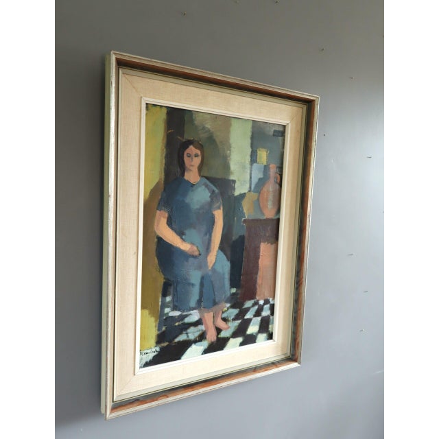 Mid-Century Modern 'Presence in Blue' Swedish Original Figurative Interior Oil Painting, Framed For Sale - Image 4 of 13