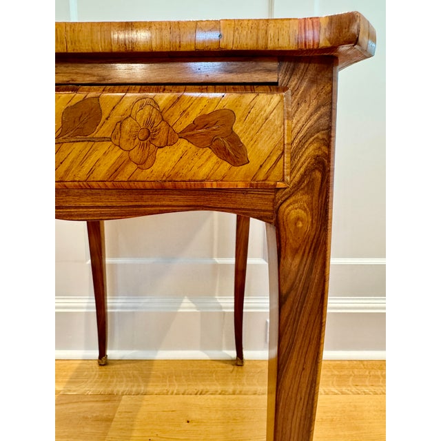 Wood Antique French Louis XV Style Tulipwood Marquetry Writing Table or Side Table With Leather Top For Sale - Image 7 of 18