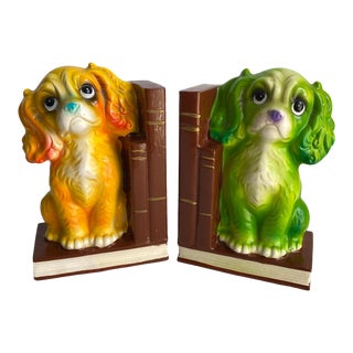 Mid Century 1950s Cocker Spaniel Dog Book Bookends Kitschy a Pair For Sale