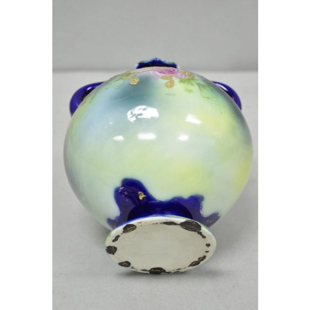 Vintage Victorian Blue Hand Painted Porcelain Floral Twin Handled Bulbous Vase For Sale - Image 12 of 14