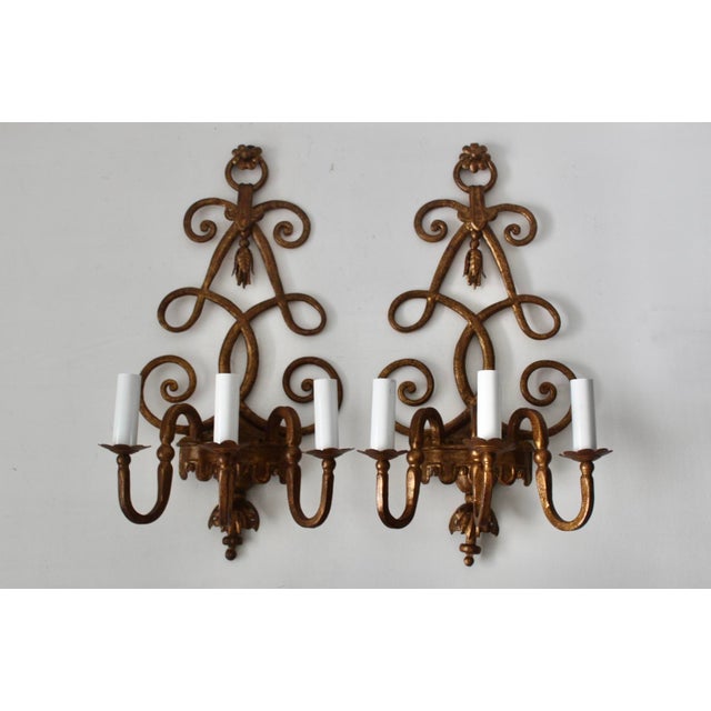 Vintage Italian Florentine Style Gold Finished Scrolling Arms Electric Wall Sconces- A Pair For Sale - Image 9 of 15