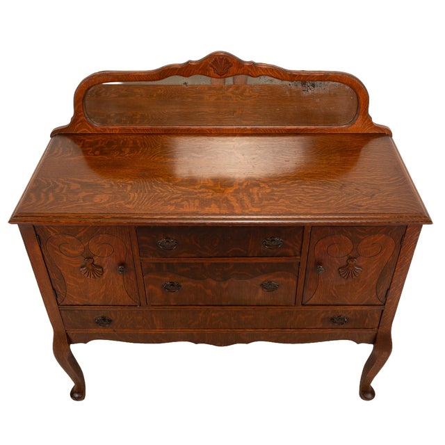 American Antique Tiger Oak Carved Sideboard Buffet W/ Original Beveled Mirror & Shell Details For Sale - Image 3 of 18