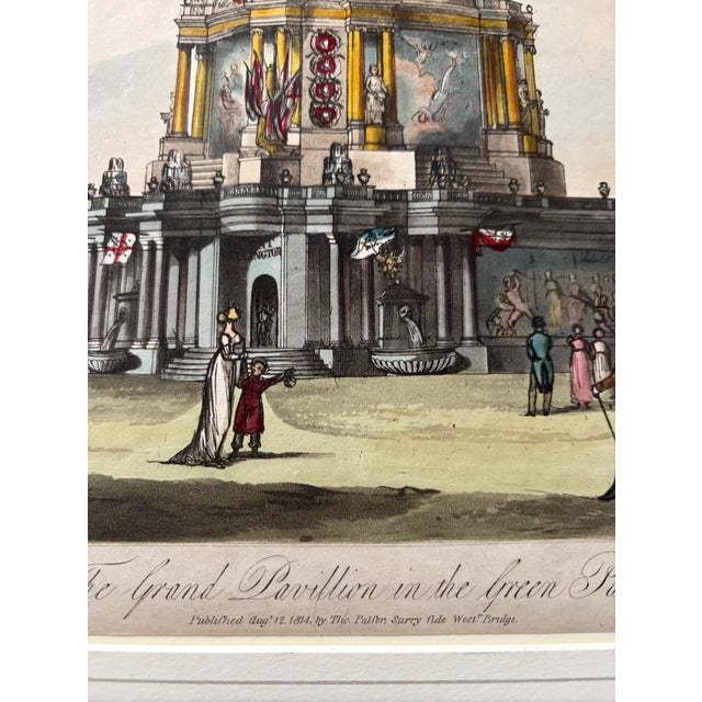 Traditional 1814 Historical Hand Colored Etching of the Grand Pavilion Erected in Green Park, London For Sale - Image 3 of 3
