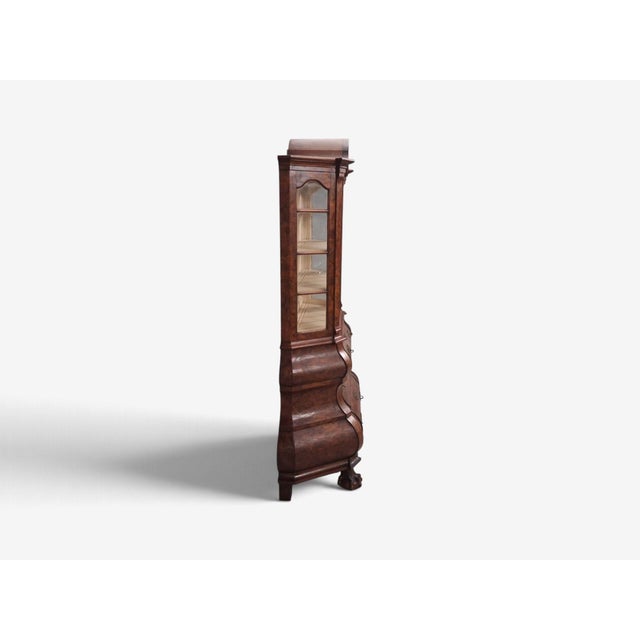 Dutch Baroque Style, Large Bombe Bookcase, Burr Walnut, Glass, England, 1940s For Sale In New York - Image 6 of 15