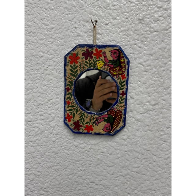 Mithila Folk Hand-Painted Art Wall Small Mirror For Sale - Image 10 of 12