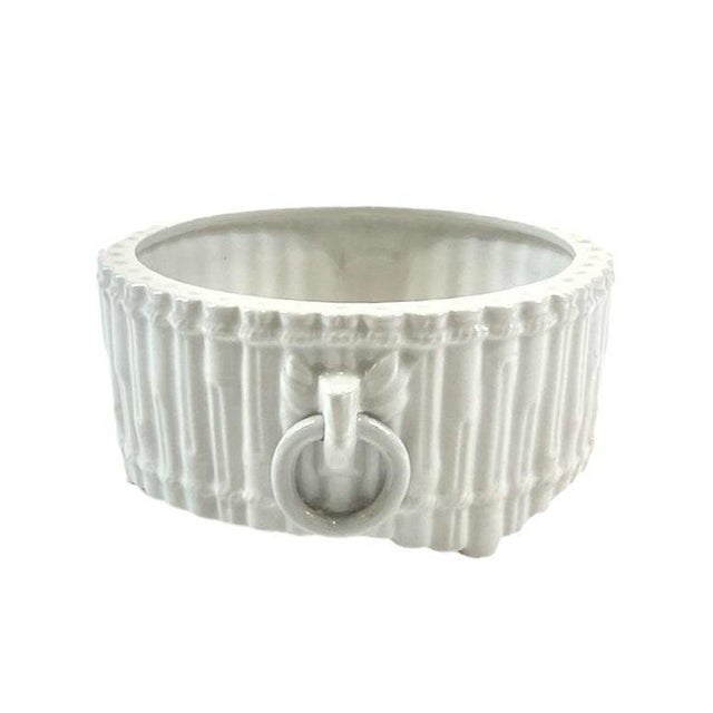 Mottahedeh Vintage Italian White Faux Bamboo Glazed Ceramic Cache Pot / Cachepot / Jardinere/ Planter With Ring Handles by Mottahedeh, Circa 1960 For Sale - Image 4 of 8