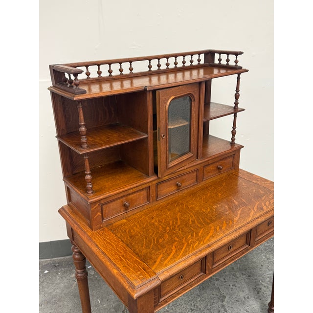 Quarter-Sawn Oak Secretary Desk + Gallery Top, Antique For Sale - Image 10 of 12