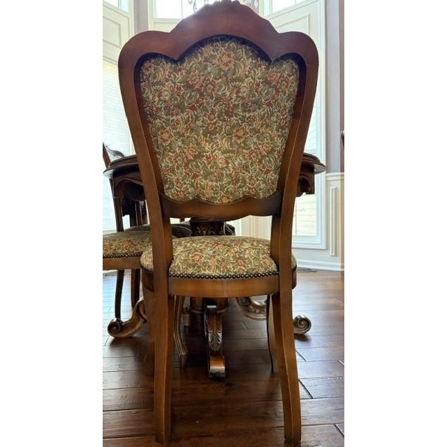 Wood Vintage Italian Provincial Baroque-Style Floral Marquetry Dining Table and 8 Chairs For Sale - Image 7 of 9