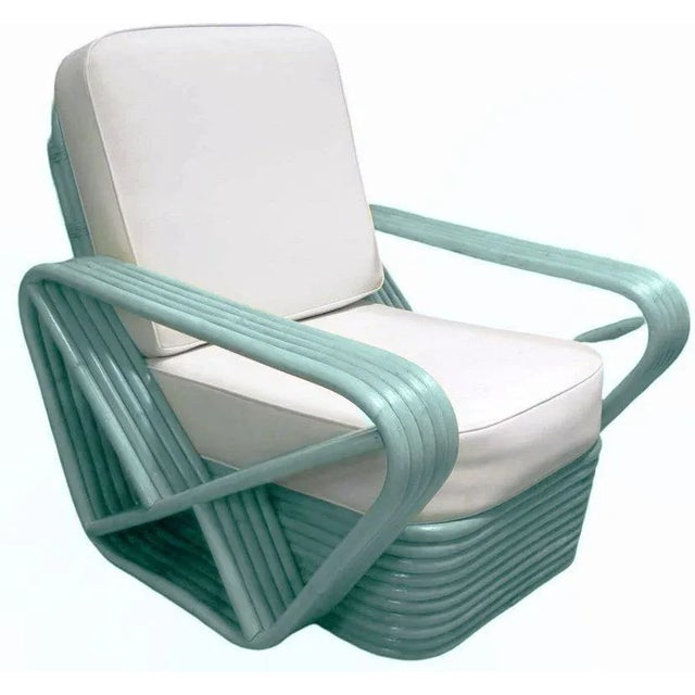 1940s Restored Aqua Turquoise 5-Strand Square Pretzel Rattan Lounge Chairs , Pair For Sale - Image 5 of 5