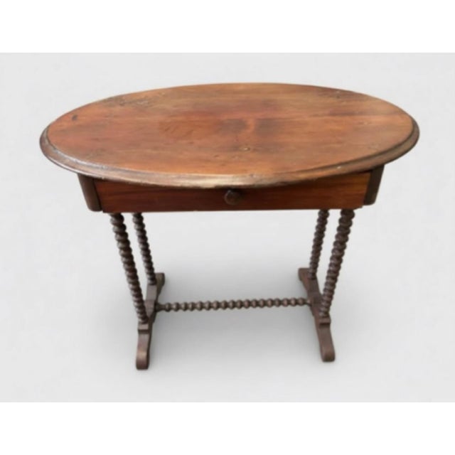 English Antique Oval Wood Side Table With Barley Twist Legs & Single Drawer For Sale - Image 3 of 9