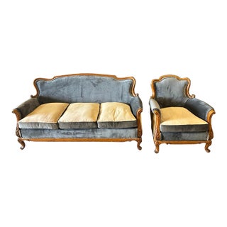 Antique French Bergere Sofa & Chair Set For Sale