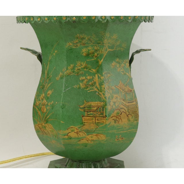 Metal Vintage Handcrafted Forged Iron Green Hand-Painted Gold Chinoiserie Table Lamp. For Sale - Image 7 of 9