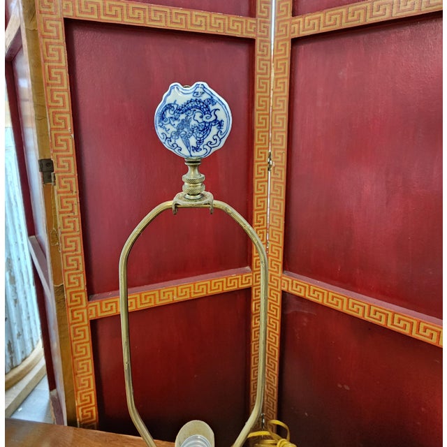 Metal Vintage Chinoiserie Blue & White Double Happiness Ginger Jar Table Lamps - Almost a Pair For Sale - Image 7 of 9