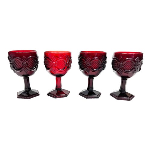 Vintage Mid Century Cape Cod Ruby Red Water Goblets - 4 Pieces