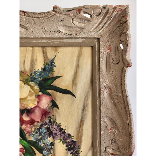 Mid Century Floral Still Life Oil Painting in Period Carved Frame For Sale - Image 10 of 16