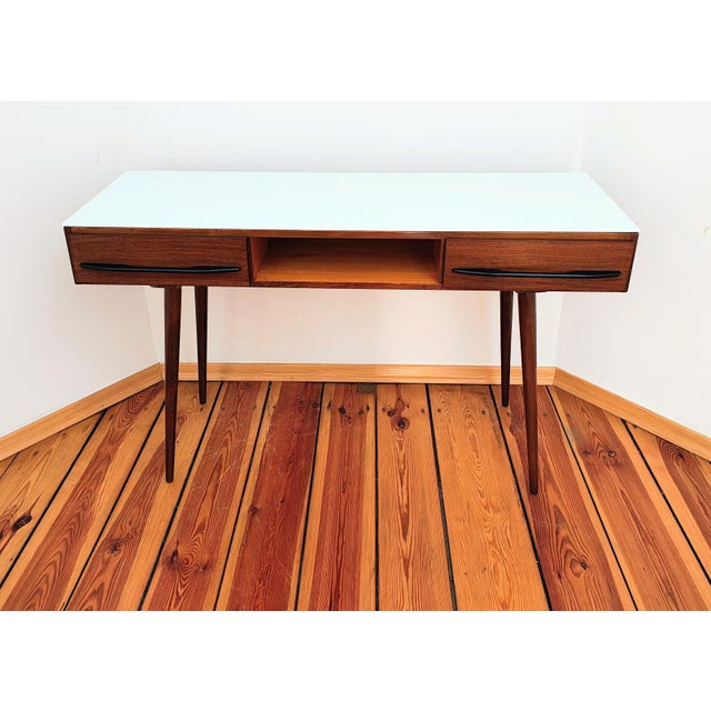 Console, desk designed by M. Pozar, Up Zavody, Czechoslovakia The console of perfect proportions and timeless form, in...