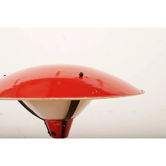 Gray Painted Tubular Steel Floor Lamp with Black Metal Base, Red Painted Metal Shade and Frosted Glass Diffuser For Sale - Image 5 of 10