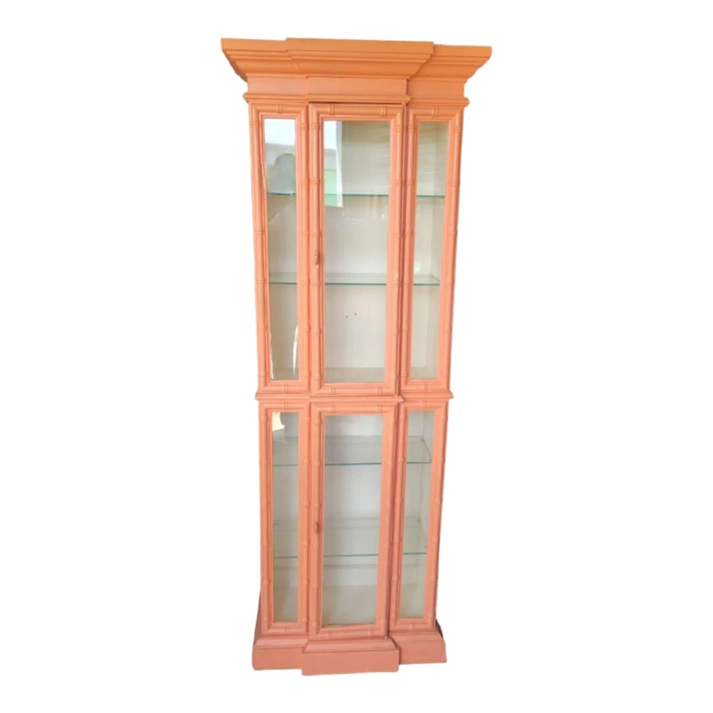 Vintage Palm Beach Regency Faux Bamboo Salmon 4 Glass Shelf Tall