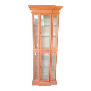 Vintage Palm Beach Regency Faux Bamboo Salmon 4 Glass Shelf Tall Display Cabinet