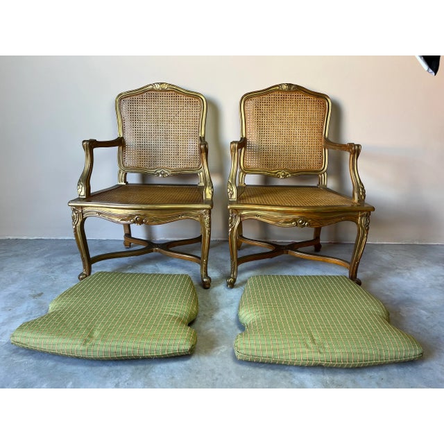 French Hollywood Regency French Louis XV - Style Cane Back & Seat Armchairs - A Pair/ Sold For Sale - Image 3 of 12