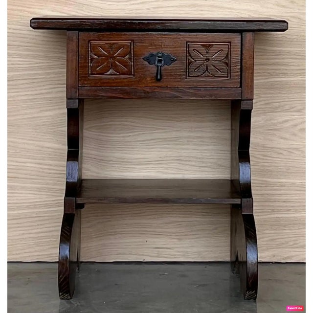 Mid 20th Century Pair of Narrow Spanish Nightstands with Carved Drawer and Low Shelve For Sale - Image 9 of 18