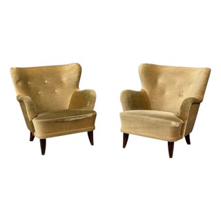 Ilmari Lappalainen, Lounge Chairs, Beech, Velvet, Finland, 1950s For Sale