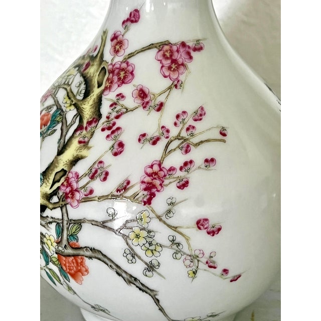 Famille Rose Chinese Fine White Porcelain Garlic Head Vases With Birds & Cherry Blossoms, a Pair For Sale - Image 9 of 14