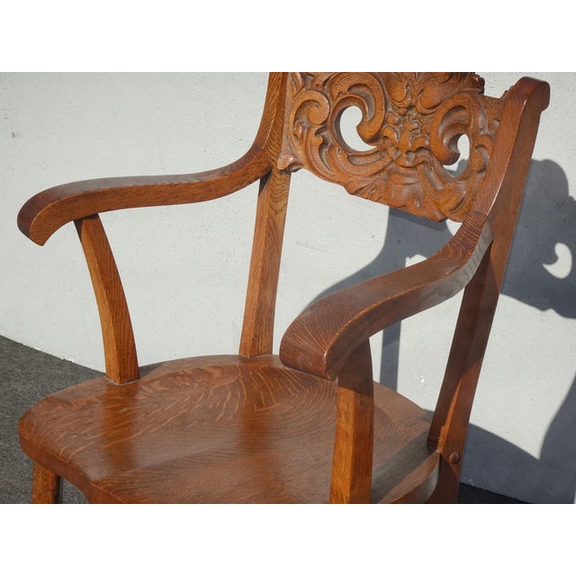 Wood Vintage French Country Brown Oak Carved Arm Chair by Eldredge Co. For Sale - Image 7 of 16