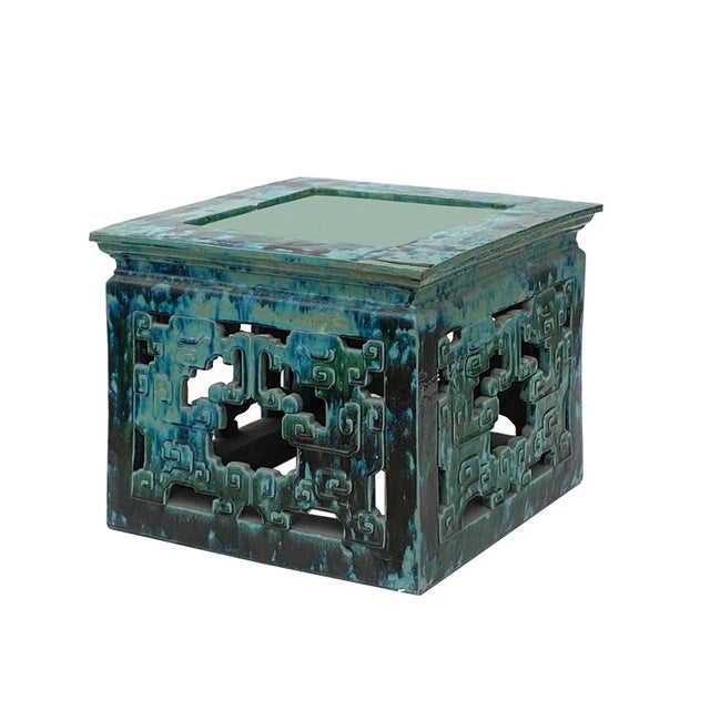 Vintage Chinese Turquoise Green Ru Yi Clay Large Square Garden Table For Sale In San Francisco - Image 6 of 12