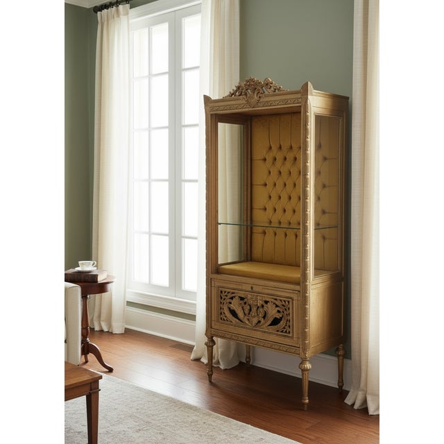 Baroque Mid-Century Baroque Carved Wooden Display Cabinet with Tufted Interior, 1980s For Sale - Image 3 of 16