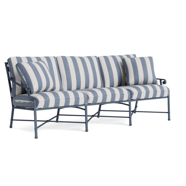 Brown Jordan Venetian Sofa in Sapphire with Sapphire Stripe Cushions For Sale