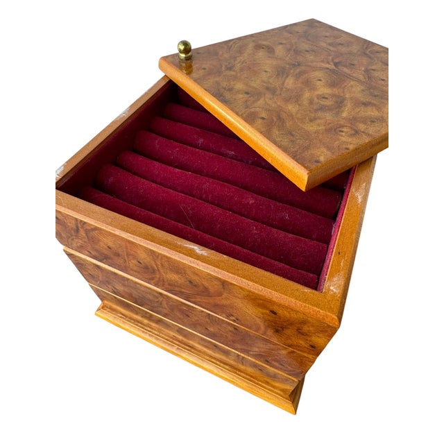 Vintage Mele 3‑Tier Swiveling Jewelry Box • Minimalist Mid Century Modern Organizer • Faux Burled Wood Vanity Storage For Sale - Image 4 of 8