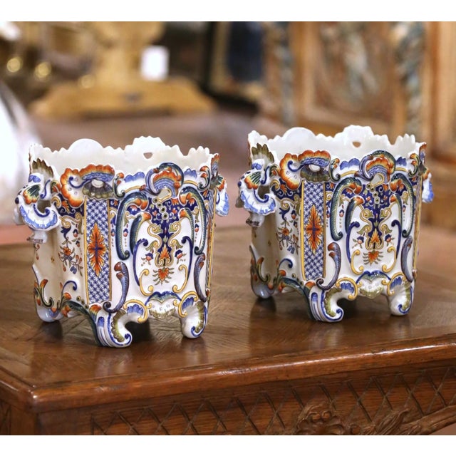 Pair 19th Century French Rouen Faience Cachepots With Applied Masks For Sale In Dallas - Image 6 of 10