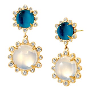 Syna Earrings with London Blue Topaz, Moon Quartz and Diamonds, a Pair For Sale