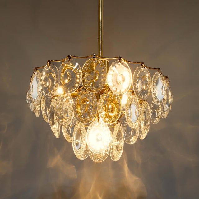Gold German Gold-Plated Chandelier with Faceted Oval Crystals by Kinkeldey, 1960s For Sale - Image 8 of 12