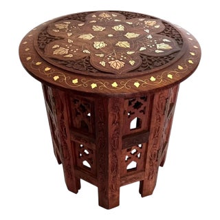 Indian Rosewood Carved Side Table with Brass and Copper Floral Inlay For Sale