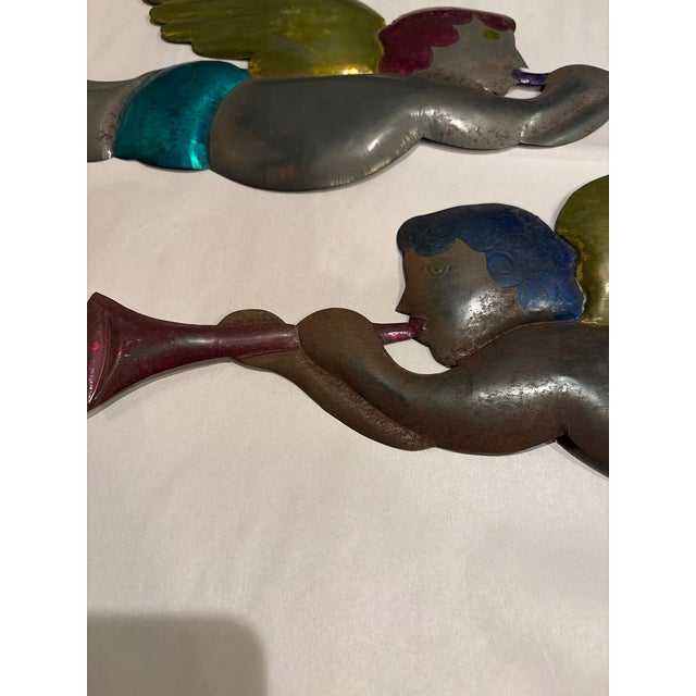 1970s Vintage Jewel-Tone Metal Trumpeting Angels — Christmas Holiday Decor, Pair For Sale - Image 5 of 9