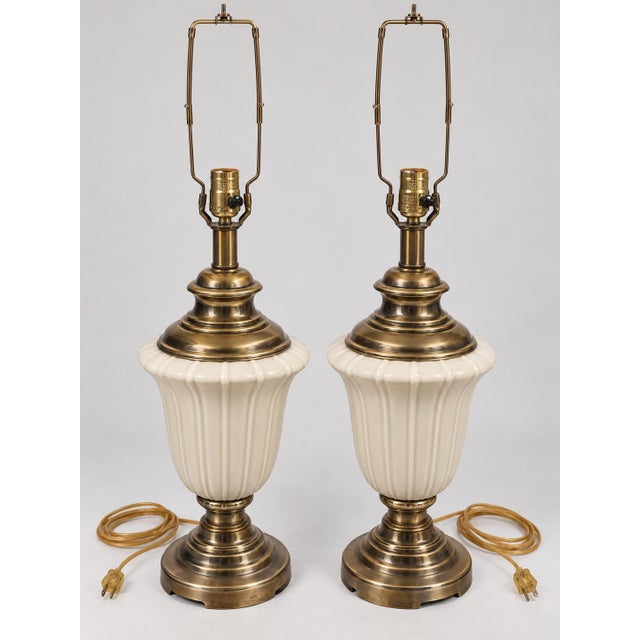 Vintage Neoclassical Cream Ceramic Urn Lamps With Pleated Ivory Shades - a Pair For Sale - Image 10 of 12