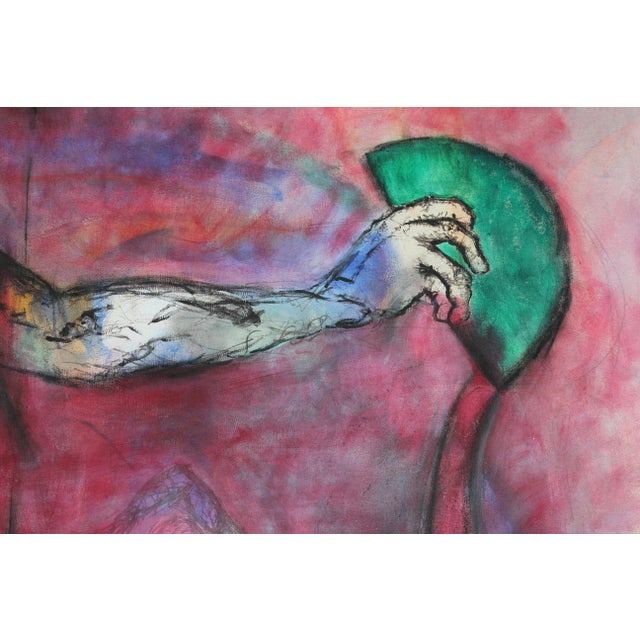 Untitled red figurative abstract painting with various nude figures holding various objects by Portland, Oregon artist...