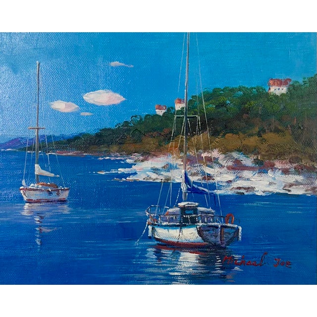 Coastal Sailboat Seascape Cove Scene, Original Oil on Canvas For Sale - Image 3 of 6