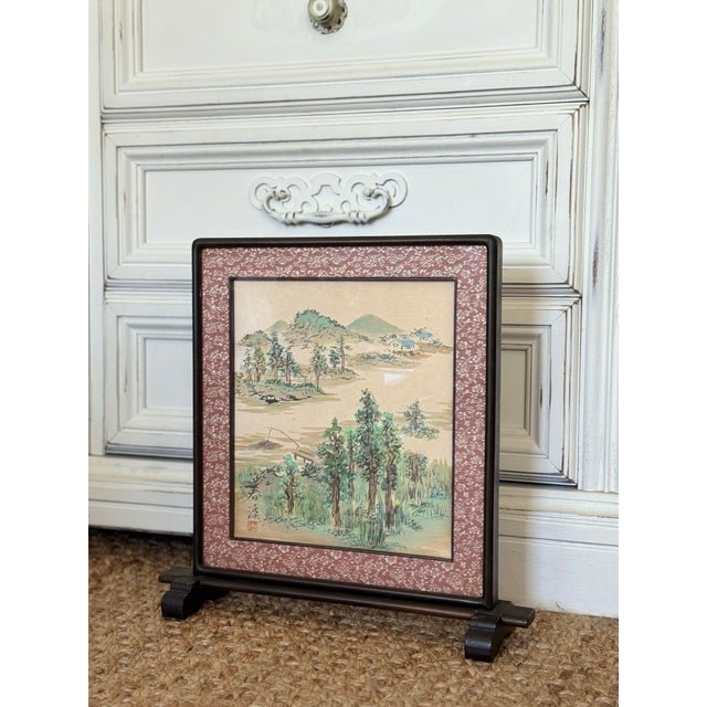 1960s Asian Hand-Painted Landscape Tabletop Screen | Traditional Oriental Desk Decor For Sale - Image 4 of 11