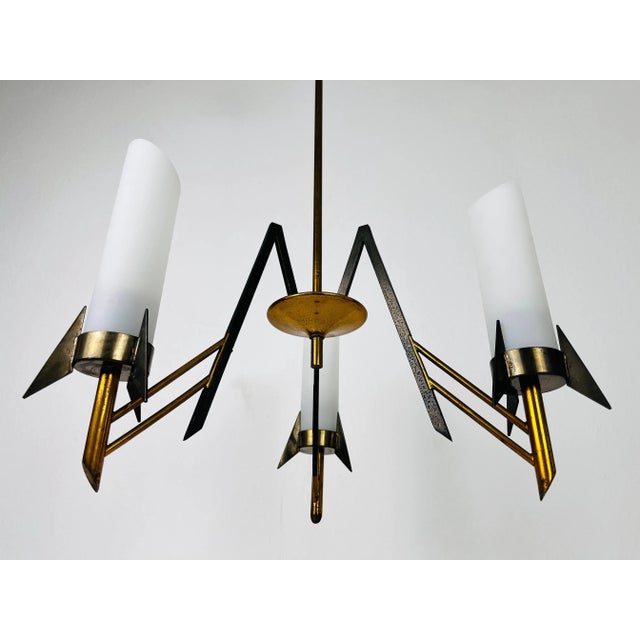 Italian Mid-Century Brass and Opaline Glass 3-Arm Chandelier, 1960s For Sale - Image 9 of 11
