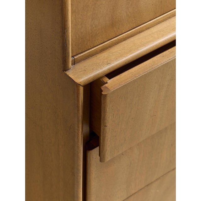 The Vintage Mount Airy 1950s MCM Highboy Dresser With Original Brass and Enamel Inlay Hardware For Sale - Image 11 of 12