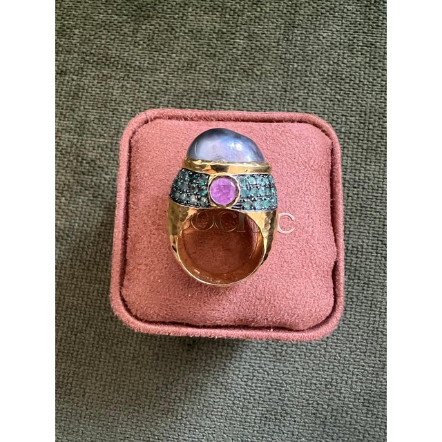 Silver Bochic “Orient” Tahiti Pearl, Emerald & Ruby Cocktail Ring Set 18K Gold & Silver For Sale - Image 8 of 12