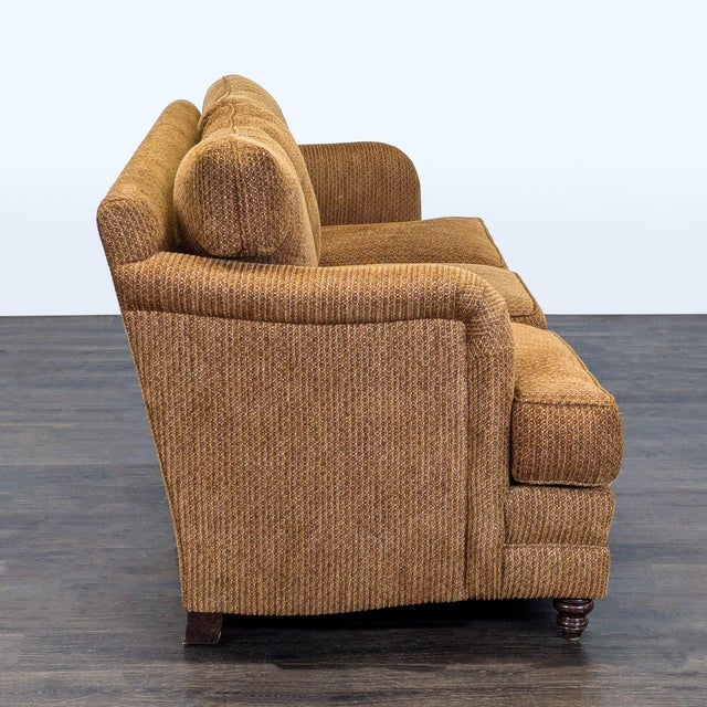 Comfortable 3-Seat Brown Fabric Sofa With Rolled Arms For Sale - Image 4 of 9