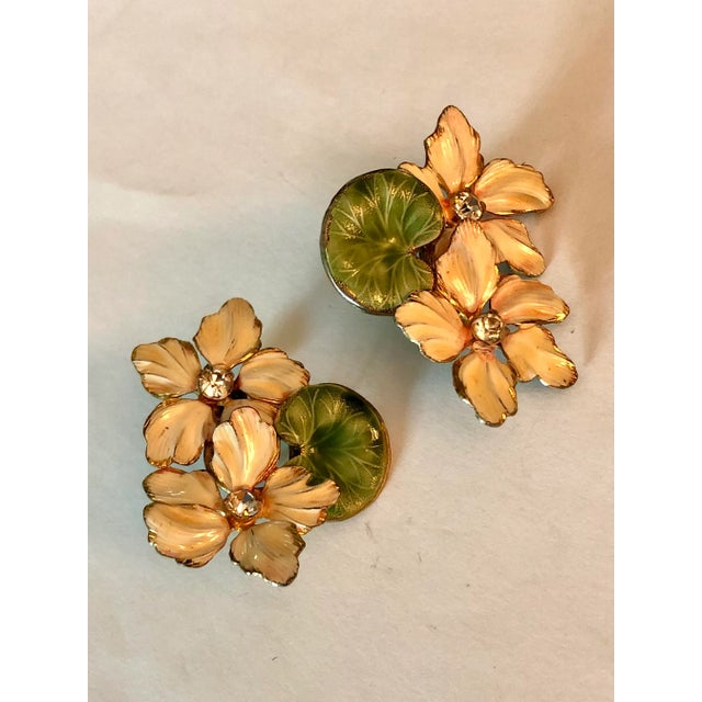 Mid 20th Century Vintage Floral Enamel and Rhinestone Clip on Earrings - 2 Pieces For Sale - Image 5 of 7