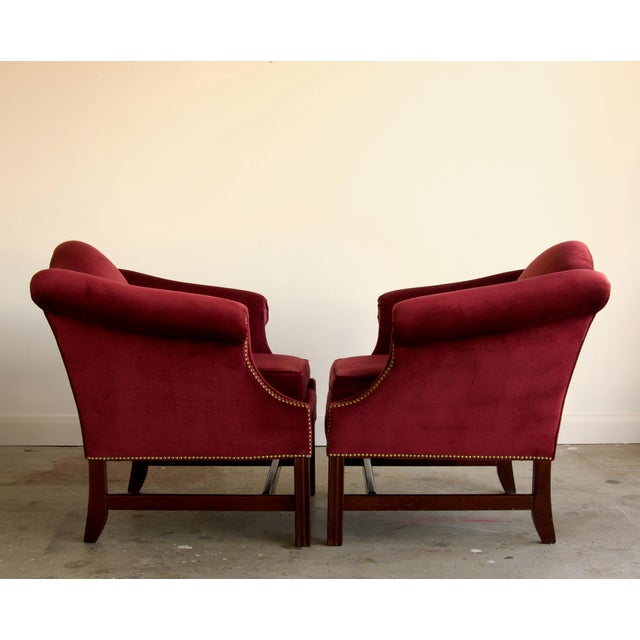 Wood Pair, Vintage Chippendale Style Camelback Club Chairs in Burgundy Velvet With Brass Nailheads, Late 20th Century For Sale - Image 7 of 7