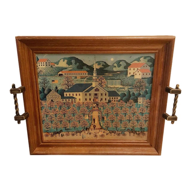 Vintage New England Panoramic Wedding Scene Art Tray Trivet Wall Hanging For Sale